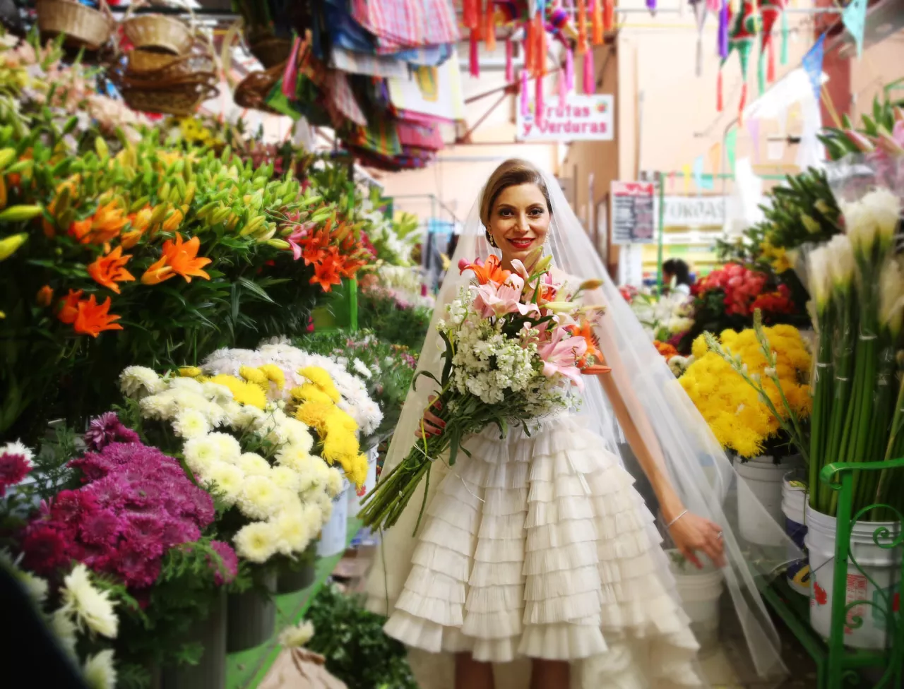 bride in a flower shop