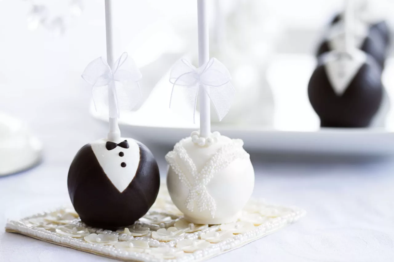wedding cake pop desserts with tuxedo and dress icing
